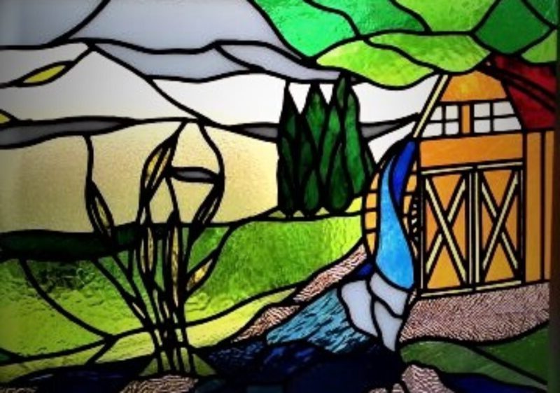 Stained glass country scene